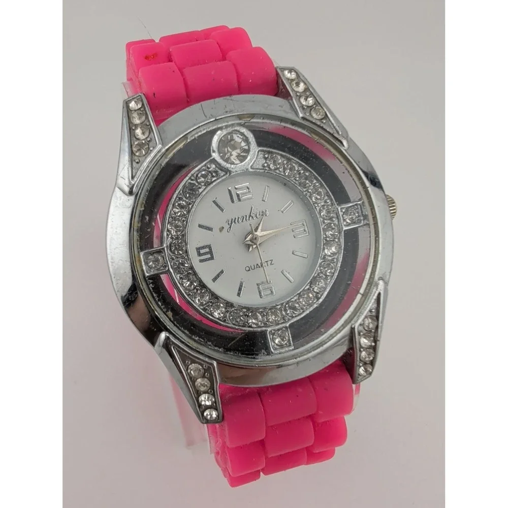 Yunkou Women's Watch 38mm Silver Case Pink Silicone Band- New Battery